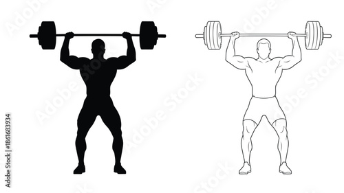 Weightlifter performing an overhead press in silhouette and outline views