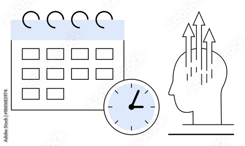 Time management concept. Calendar, clock, and head with growth arrows time management, productivity, and goal achievement. Great for workflow, efficiency, planning