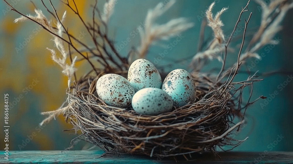 Fototapeta premium Bird nest with four speckled eggs resting on a rustic wooden ledge, entwined with twigs and soft dried grasses against a blurred teal and golden background, evoking calm and hope