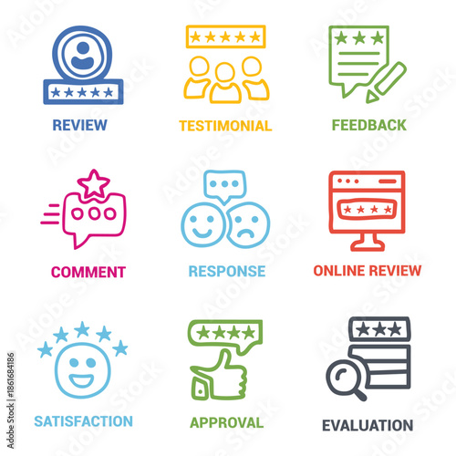 Review icon set. Containing feedback, rating, testimonial, satisfaction, comment, opinion, like, customer, recommend and more. Solid vector icons collection. 