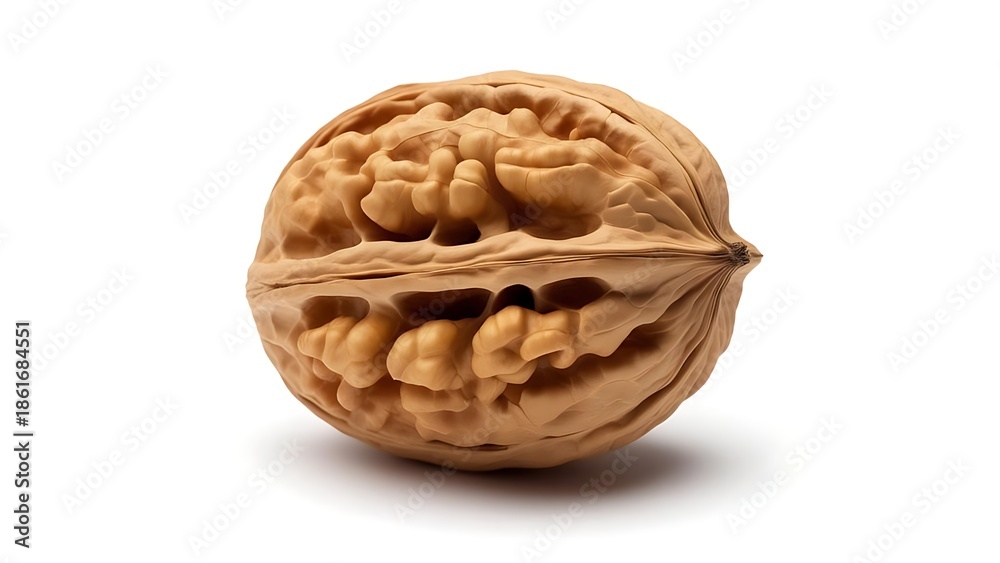 Obraz premium A single, close-up view of a walnut on a white background. The nut has a rough, textured shell and cast shadow