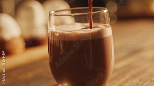 Rich Chocolate Milk Swirling in a Tall Glass, Captured from a Dutch Angle