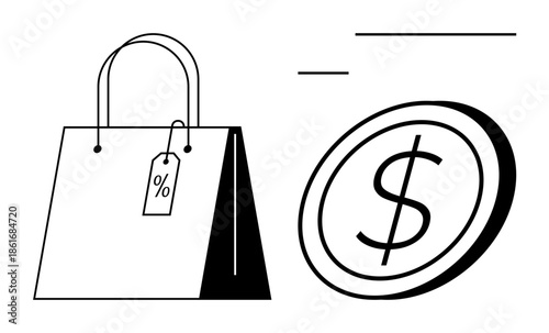 E-commerce, retail discounts, financial planning, shopping sales, budget management, online purchasing. Shopping bag with a discount tag next to a coin. Retail discounts and financial planning