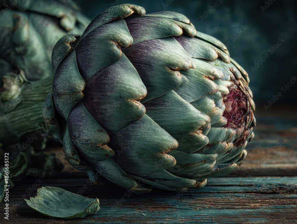 Obraz premium Close-up of fresh artichoke with green leaves and purple accents on rustic wooden surface
