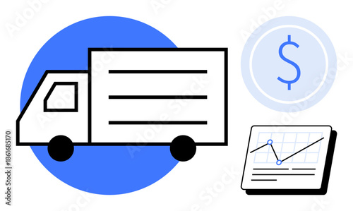 Delivery truck next to dollar sign and data chart visualizing cost analysis. Ideal for logistics, business growth, financial planning, transport, shipping, e-commerce, budgeting. Simple flat metaphor