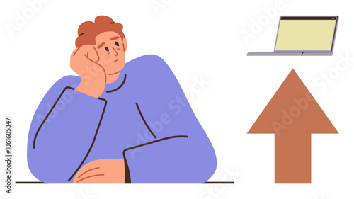 Young individual resting chin on hand, pondering solutions, growth, and progress symbolized by laptop and upward arrow. Ideal for business, self-growth, education, technology, innovation career