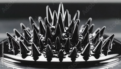Black ferrofluid spikes reacting to magnetic field macro video physics experiment