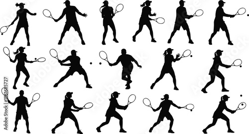 Black silhouette illustrations of tennis players in diverse dynamic poses with rackets and balls, showcasing athletic sport movement and competitive techniques