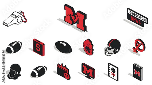 Isometric sports icons and symbols with a football theme including a whistle, ball, helmet, and score board