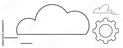 Cloud computing, technology integration, data management, digital infrastructure, network solutions, innovation. Large cloud outline and gear icon. Cloud computing and technology integration concept