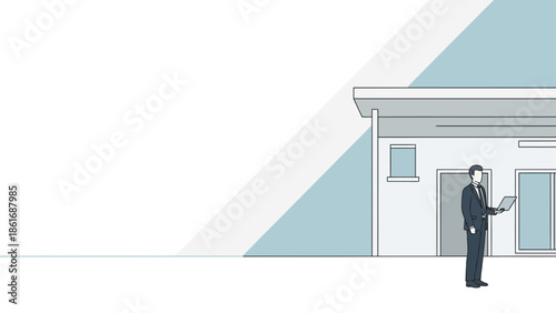 Businessman with Laptop near Modern House, Real Estate Concept