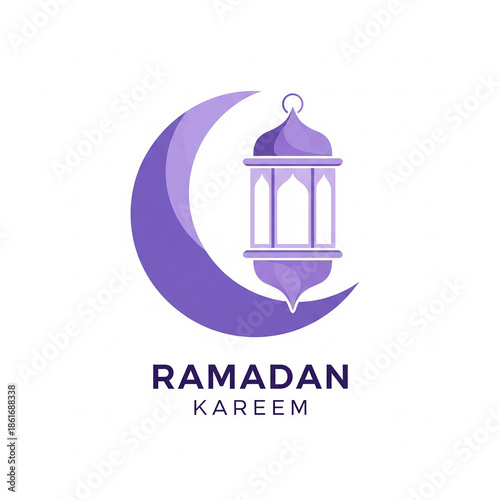 Elegant Ramadan Kareem minimalist design with purple crescent moon and traditional lantern symbol, ideal for Islamic holiday greetings, cultural celebrations, and festive branding artwork.