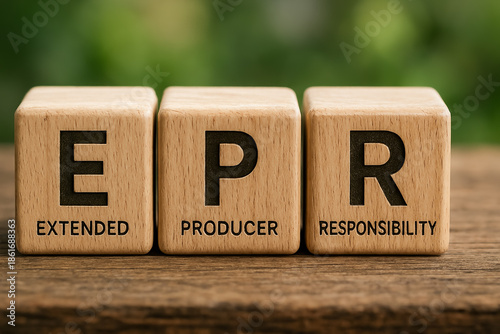 EPR (Extended Producer Responsibility) concept with wooden blocks and green background. Environmental policy for sustainable production, recycling, and corporate accountability.