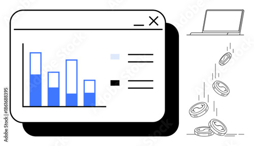 Data analytics, financial planning, online earnings, monetary investments, business growth, digital marketing. Bar graph on screen, coins falling laptop. Data analytics and financial planning