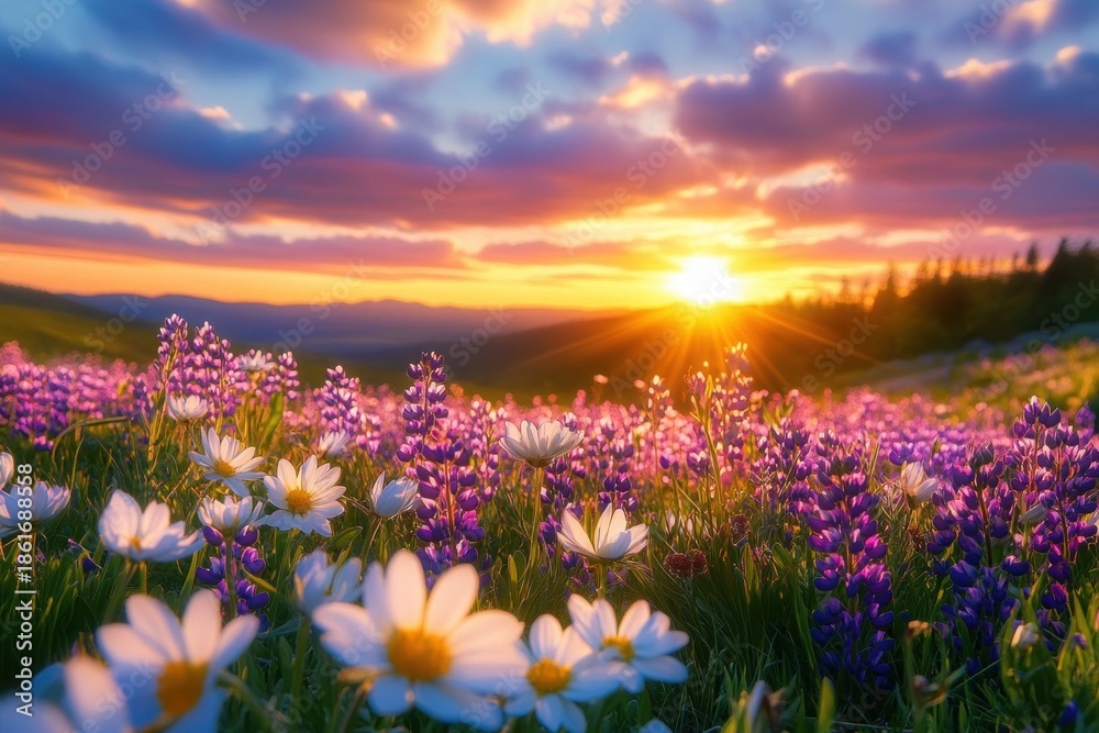 Obraz premium sunlit meadow of purple lupines and white daisies at sunset with rolling hills, vibrant clouds and golden rays evoking peaceful warmth and wonder
