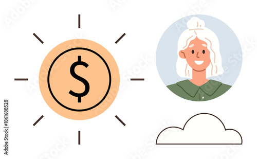 Dollar coin with sun rays, smiling woman in a green collar, and a simple cloud. Ideal for personal finance, savings, economy, weather, optimism goals entrepreneurship. A simple flat metaphor