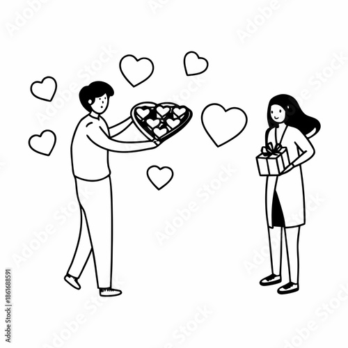 Man giving heart-shaped chocolates to woman on Valentine's Day