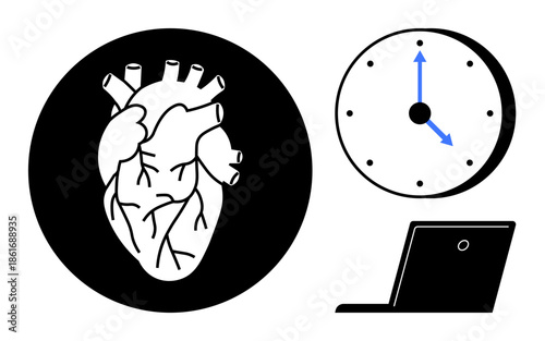Health awareness, time management, remote work, technology integration, medical studies, productivity. ion of a heart, clock and laptop. Health awareness and time management illustrated visually