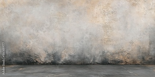 Empty moody interior with weathered plaster wall and concrete floor, distressed textures and muted earthy tones evoking quiet abandonment