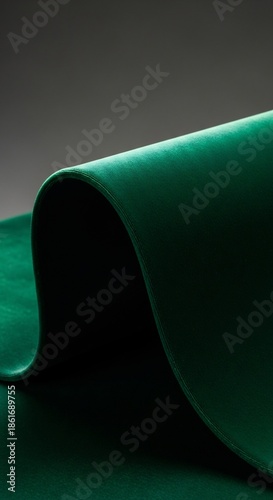 Dark green velvet fabric draped in soft curves and folds against a gray background with subtle lighting