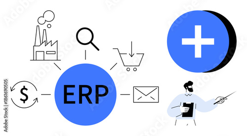 ERP concept. ERP integrates business processes such as manufacturing, finance, inventory, and communication. ERP streamlines operations, improves accuracy and enhances decision-making. For business