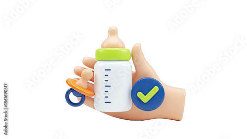 Baby bottle, pacifier, and checkmark on hand