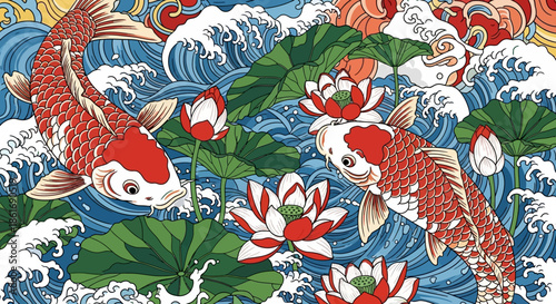 Traditional Japanese Koi Fish Pond Scene Featuring Water Lilies and Dynamic Water Waves