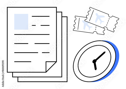 Travel planning, time management, logistics, tourism, scheduling, itinerary organization. Papers, airplane tickets and a clock on a white background. Travel planning and time management concept