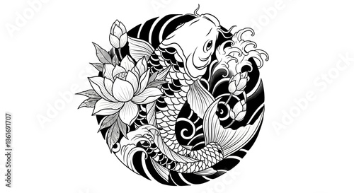 Elegant black and white koi fish and lotus flower illustration with flowing water design