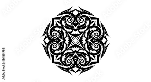 Intricate Black Tribal Circular Pattern with Symmetrical Swirls and Sharp Edges for Artistic Design