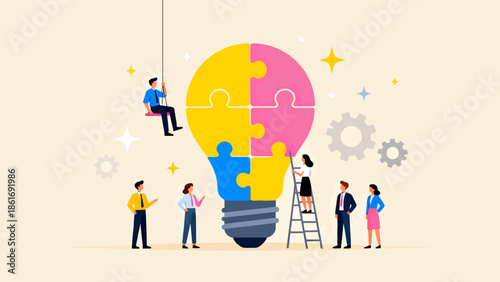 People assembling puzzle light bulb