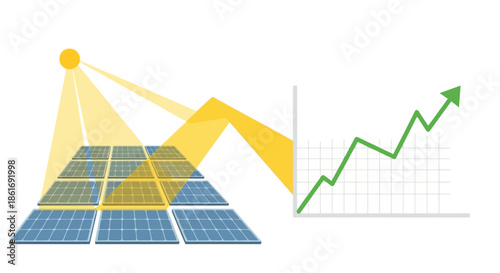 solar panel harvesting sunlight for energy with growing upward graph representing efficiency