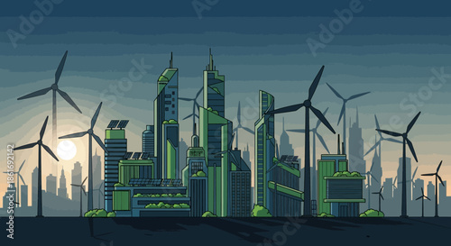 Futuristic Green Skylines Featuring Wind Turbines and Sustainable Urban Development