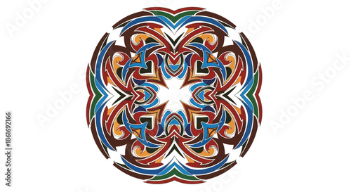 Intricate circular tribal design with vibrant colors and symmetrical patterns