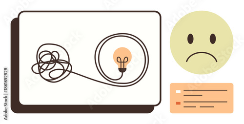 Tangled line transforming into a lit bulb next to a sad face and list, symbolizing problem-solving, clarity, emotions, brainstorming, decision-making, goal-setting, and self-reflection. A simple flat