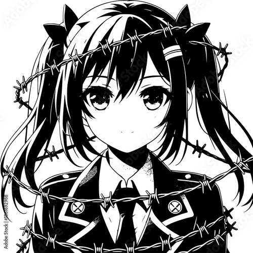 Barbed Wire Enigma: A portrait captures a girl ensnared by barbed wire, evoking themes of restriction, and confinement through the contrast of soft and harsh imagery.