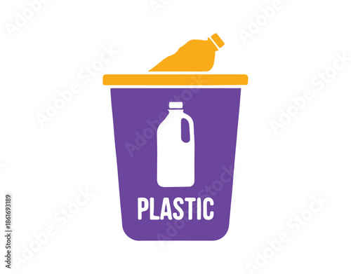 Flat style vector icons representing recycle bins for plastic, paper, glass, and metal, all isolated on a white background. 