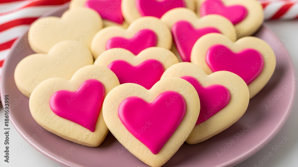 Obraz premium Heart shaped cookies with pink frosting on pink plate for valentines day