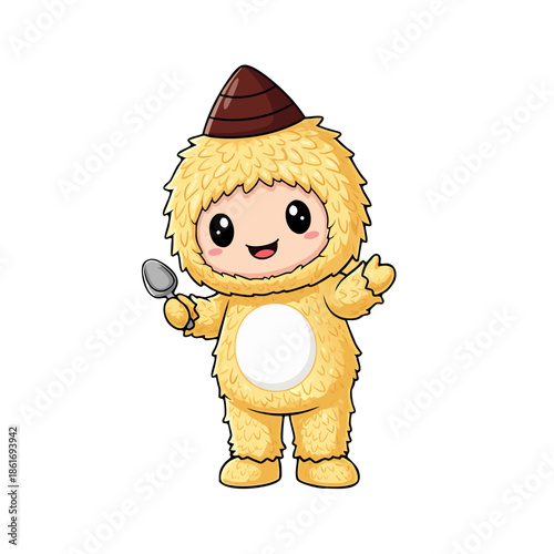 Cute Child in Yellow Animal Costume Holding Spoon, Studio Illustration, Front View, Playful Concept