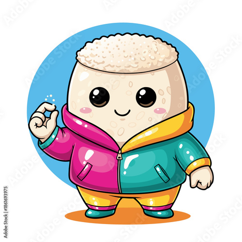 Cute anthropomorphic rice character wearing colorful hoodie in cartoon style illustration