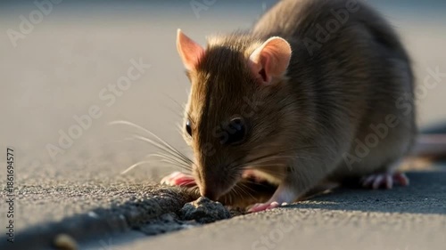 Close-up of a brown mouse exploring on a concrete surface in natural sunlight