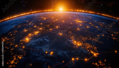 Sunrise over Earth's curvature with glowing orange city lights and interconnected network lines across a starry space background, evoking futuristic global connectivity and awe