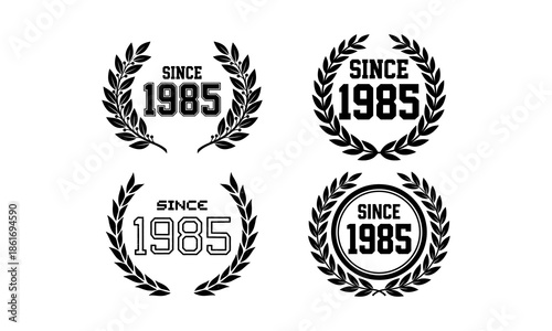 Vintage Laurel Wreath Sports Emblems Set, Retro Anniversary Badges with Since 1985 Text Vector