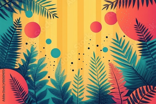 vibrant tropical foliage with palm and fern leaves, colorful circles and confetti against a sunny striped yellow background, playful summer mood