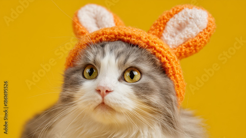 Fluffy white and gray cat wearing a cute orange bunny costume with long ears, sitting calmly and looking at camera, adorable pet portrait with playful and charming mood.