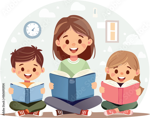 children reading books together happily