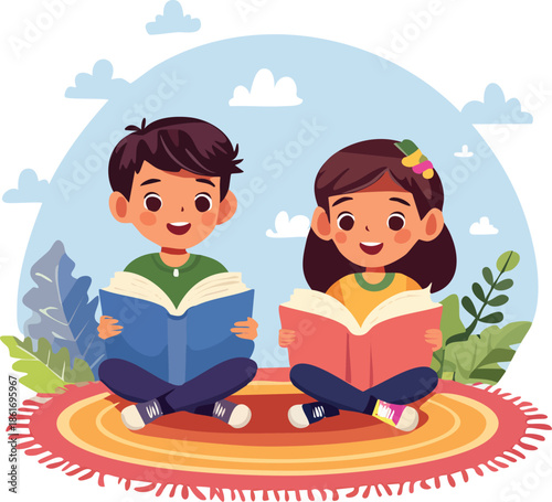 Children Reading Books Sitting Outdoors Illustration