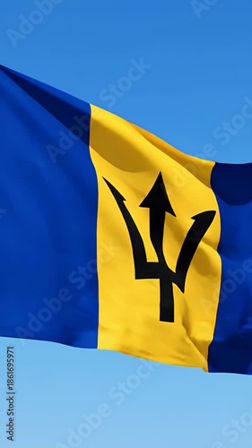 Barbados Flag Waving Blue Yellow Black Sunlight Sky Footage