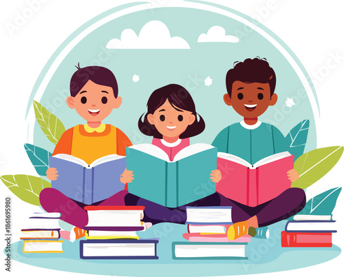 Children Reading Books Together