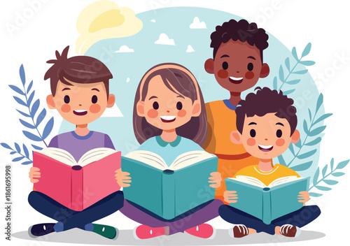 four kids reading books together outdoors